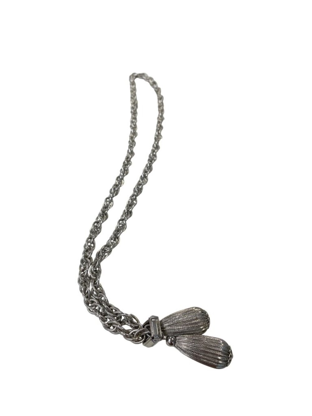 Vintage silver tone rope tasseled Lariat 29" statement chain necklace SKU 10-754
